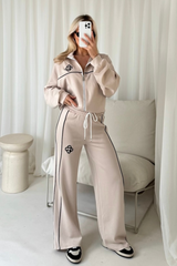 G monogram beige contrast piping zip sweater & trousers