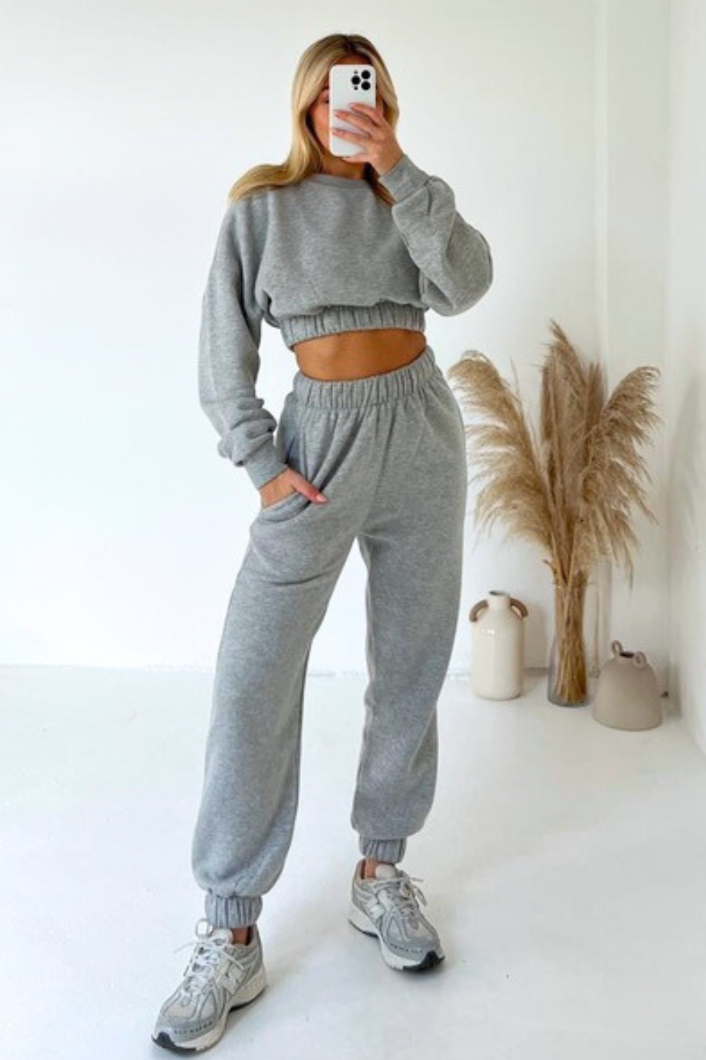 Gracie grey cropped sweater jogger loungewear set Glamify Famous For Loungewear
