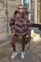 CARMILLA CHOCOLATE HIGH COLLAR SHINE FINISH HOODED PUFFER COAT