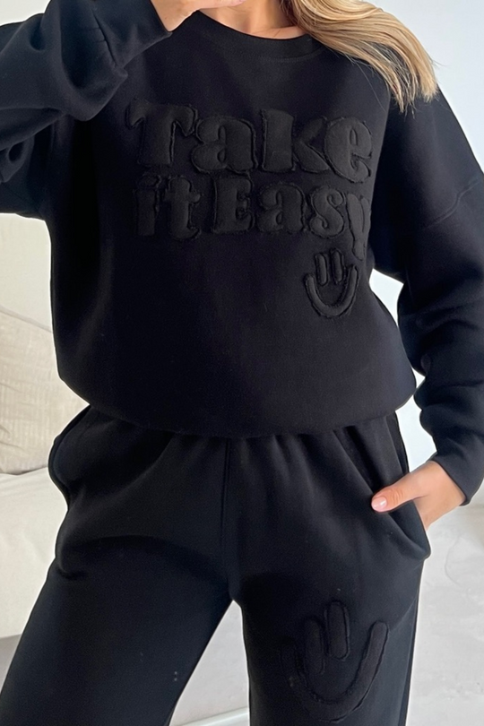 Take it easy black embroidered sweater joggers premium loungewear