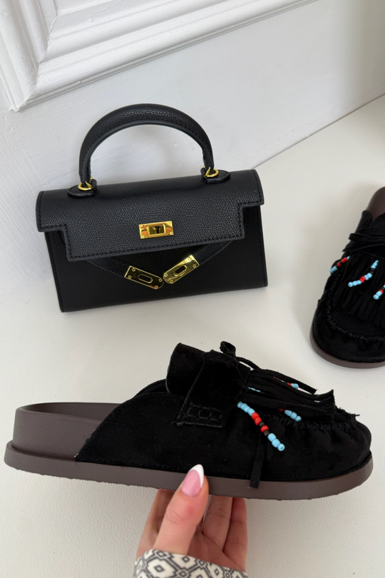 ORLANDA BLACK FAUX SUEDE BEADED TASSLE MULE