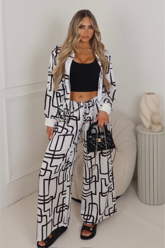 Charlotte white patterned zip jacket & trouser co-ord
