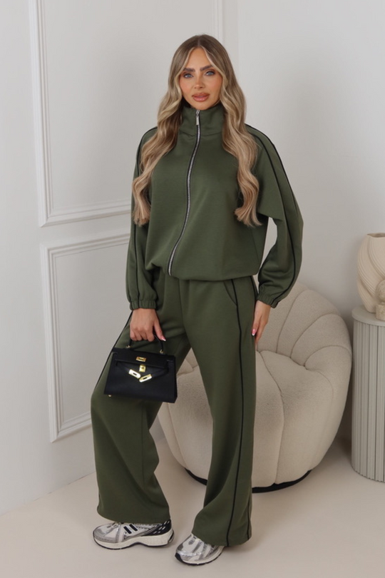 Lauren khaki contrast piping zip jacket & trouser loungewear