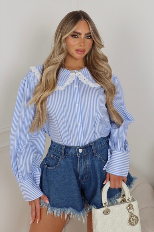 Joy blue wide leg distressed denim shorts