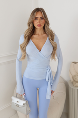 AURELIA BLUE LONG SLEEVE WRAP FRONT TIE TOP