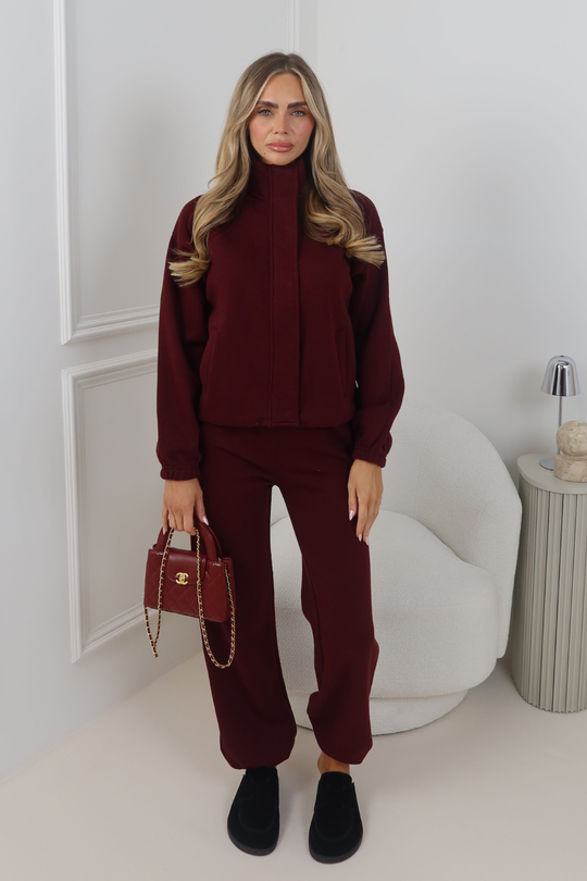 GIGI BURGUNDY HIGH NECK JACKET & JOGGER CO ORD SET