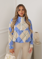 LUCY BLUE ARGYLE 3/4 ZIP JUMPER