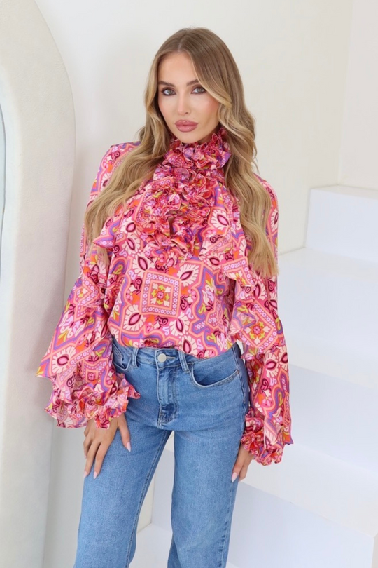 Sasha pink floral print frill shirt