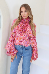 Sasha pink floral print frill shirt