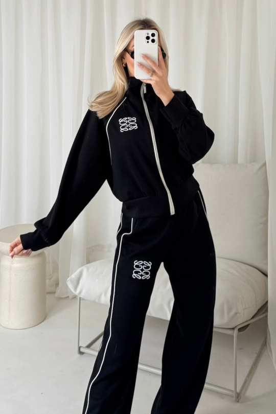 GeGe black contrast piping zip through jacket & trouser loungewear