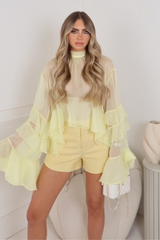 Florentina lemon sheer flared sleeve ruffle hem blouse