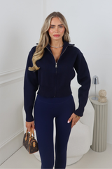 MANDY NAVY  FULL ZIP RIBBED HIGH NECK CARDIGAN