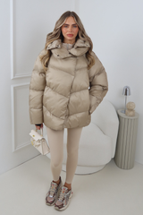 CARMILLA TAUPE HIGH COLLAR SHINE FINISH HOODED PUFFER COAT