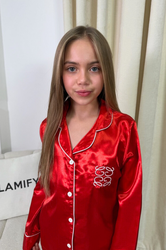 Mini Gege red satin embroidered pyjamas