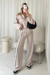Erin beige contrast piping zip sweater & trouser loungewear