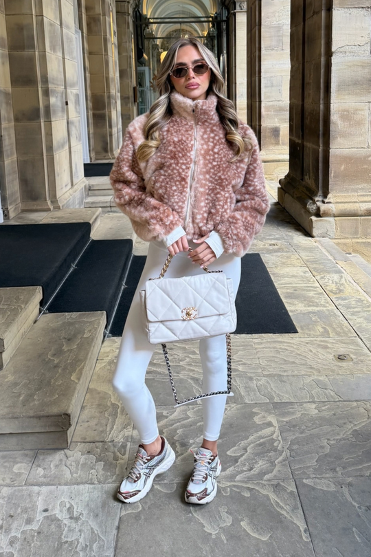 SKYLA BEIGE DEER PRINT FUR ZIP UP BOMBER JACKET