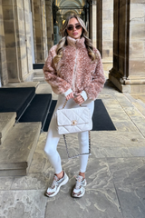 SKYLA BEIGE DEER PRINT FUR ZIP UP BOMBER JACKET