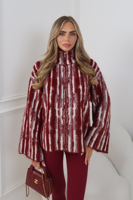 MAISY BURGUNDY STRIPE KNITTED ZIP UP CARDIGAN