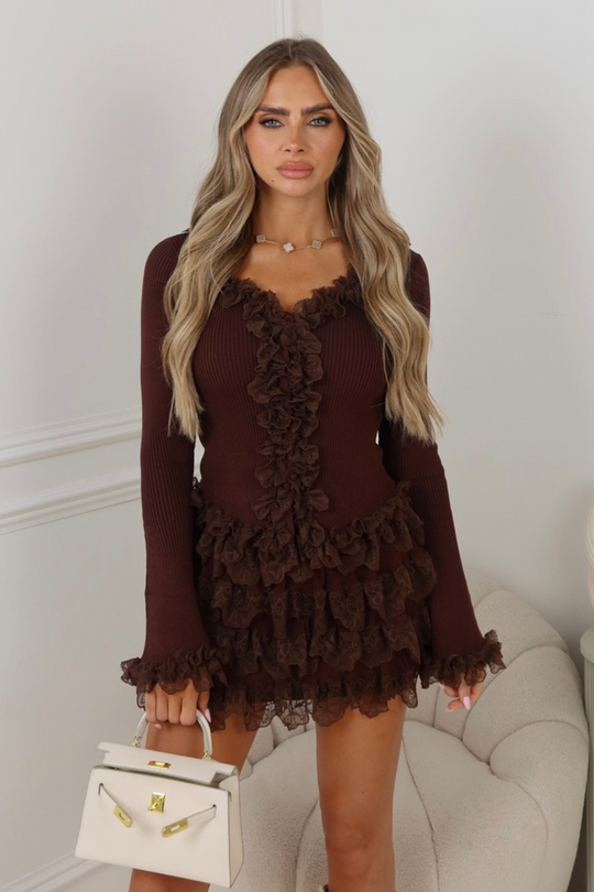 Skyler chocolate knit lace top & ruffle mini skirt co ord