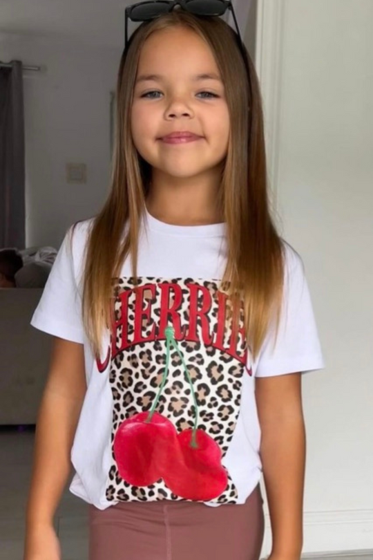 Mini cherry leopard white printed t-shirt