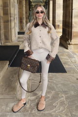 FIORA BEIGE KNITTED CARDIGAN WITH DEER PRINT FUR COLLAR & CUFFS