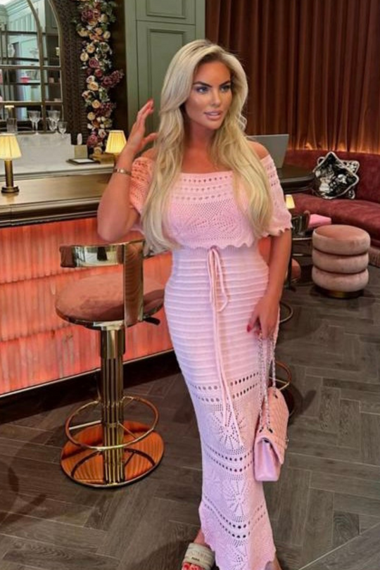 Amie pink crochet off shoulder maxi dress
