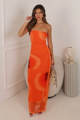 Amelia orange bandeau mesh maxi dress
