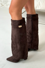 Harley chocolate faux suede knee high fold over heel boots