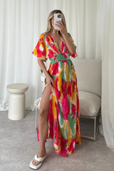 Fearne pink bat sleeve patterned maxi dress