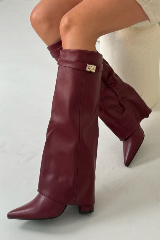 KIMMY BURGUNDY KNEE HIGH FOLD OVER HEEL BOOTS