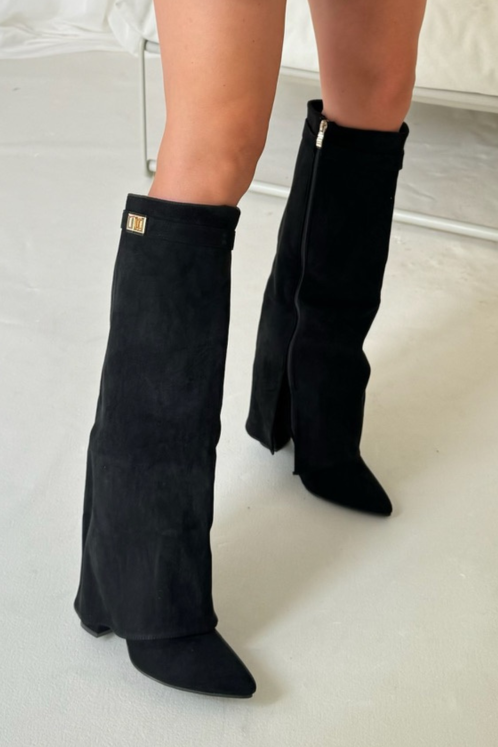 Harley black suede knee high fold over heel boots Glamify Famous For Loungewear