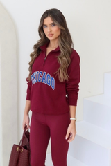 Chicago burgundy & blue embroidered 3/4 zip sweater