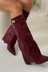 Kimmy burgundy knee high fold over heel boots gold buckle detail