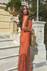 Tiah rust orange satin lace trim maxi dress