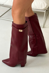 Kimmy burgundy knee high fold over heel boots side view
