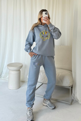 Smiley pattern blue embroidered hoodie joggers loungewear
