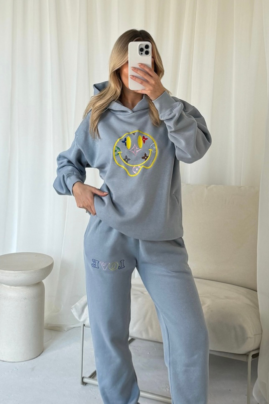 Smiley pattern blue embroidered hoodie joggers loungewear