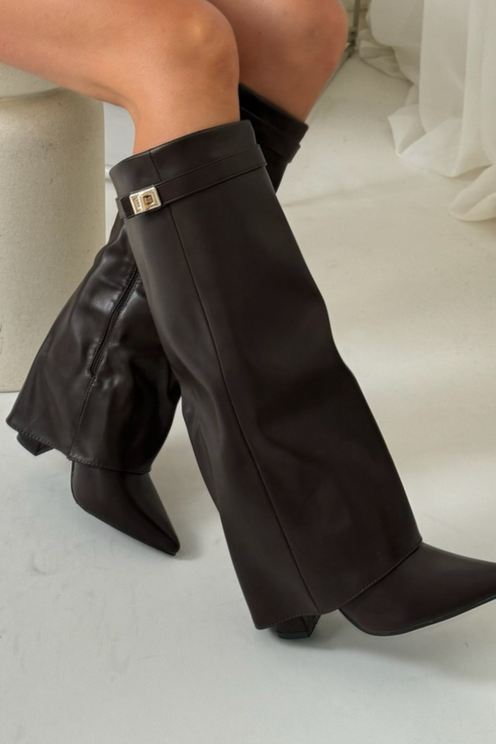 Kimmy chocolate knee high fold over heel boots – Glamify Famous For ...