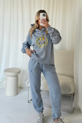 Smiley pattern blue embroidered hoodie joggers loungewear