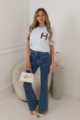 SPENCER BLUE STRIPED BUCKLE KNITTED SHORT SLEEVE JUMPER