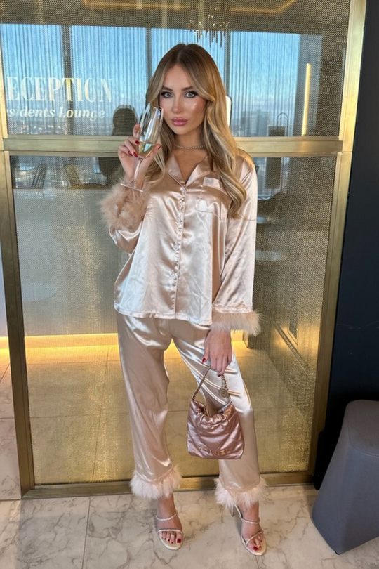 Charlotte champagne satin button up feather trim pyjamas