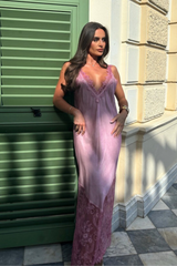 Tiah blush satin lace trim maxi dress