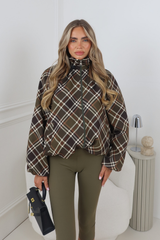 KELBY KHAKI CHECK ZIP UP HOODED JACKET