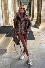FALLON DEER PRINT COLLARED FAUX FUR JACKET