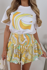 SIENNA LEMON SWIRL PATTERN SHIRRED PUFFBALL MINI SKIRT