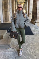 FIORA KHAKI CHECK PRINT HIGH NECK PUFFER JACKET