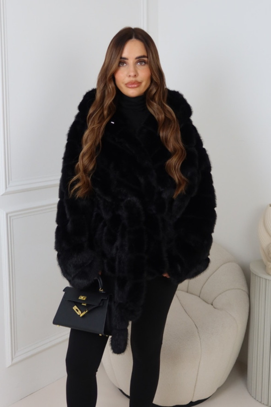 MARKIE BLACK BELTED FAUX FUR HOODED COAT