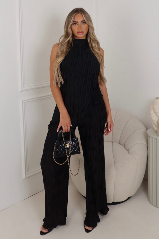 Lucy black pleated halterneck top & trouser co ord