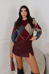 ESTA BURGUNDY CHECKED KNITTED JUMPER