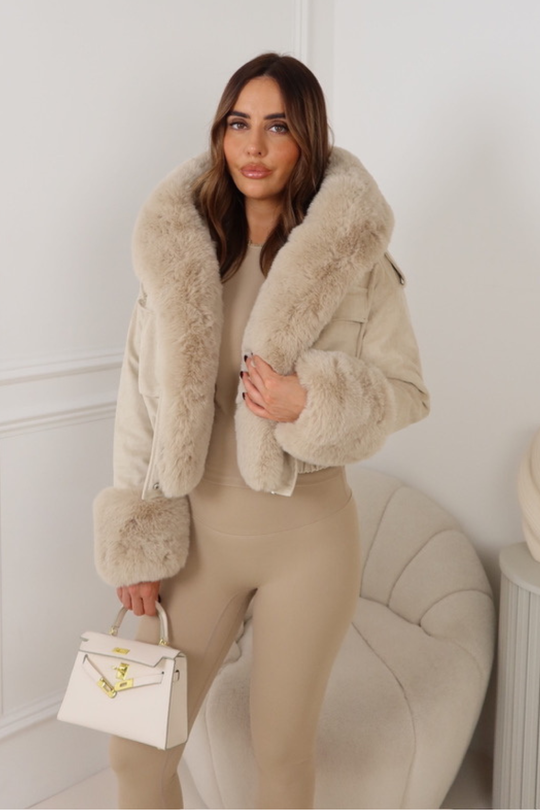 SILAS CREAM FAUX SUEDE CROPPED FAUX FUR CUFF & HOODED JACKET